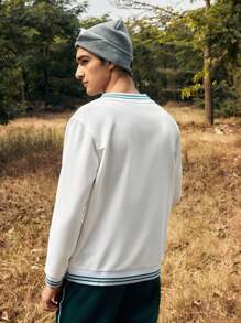 In My Nature Men's Outdoor Sweatshirt With Letter Embroidery, Striped Detail And Edge Binding - White - View 2