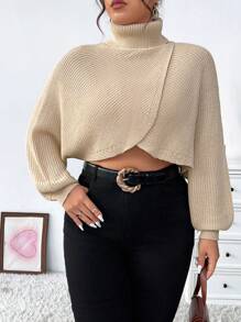 Flirla 大码女式高领不对称下摆套头衫 - 杏色 - 查看 5