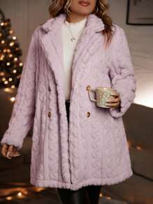 SHEIN LUNE Hơn Đôi ngực Cổ áo Áo khoác Teddy - Hồng - Xem 5