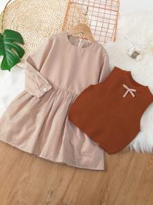 SHEIN Young Girl Striped Pattern Dress With Sweater Vest - Brown - View 1