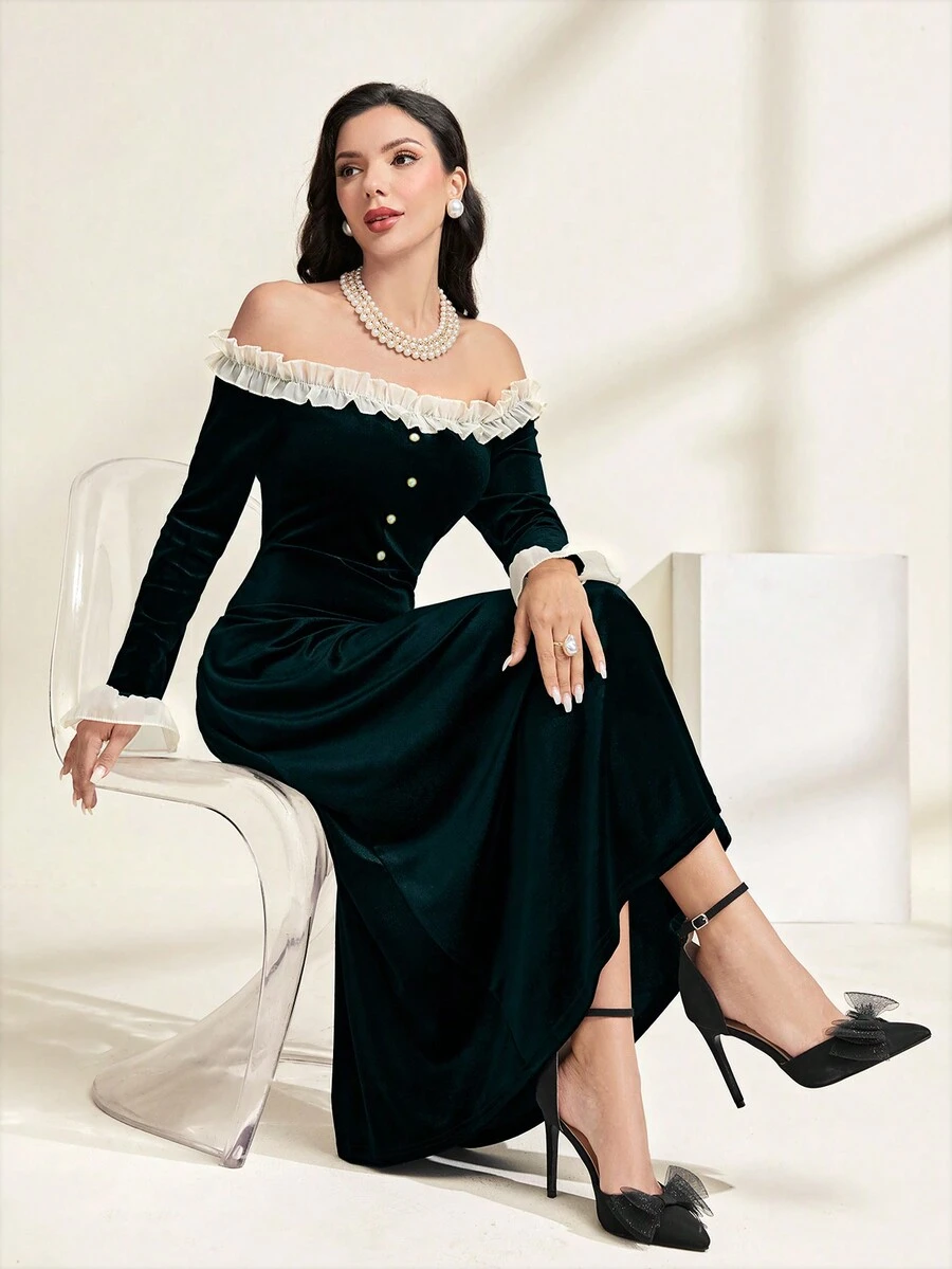 Modelyn Women's Spliced Frill Hem Off Shoulder Dress With Flounce Sleeve, Belt Not Included - Dark Green - View 1