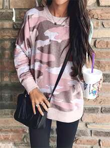 SHEIN LUNE 女款迷彩印花圓領長袖運動衫