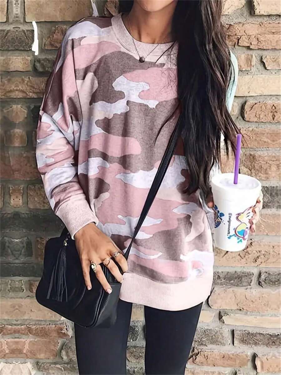 SHEIN LUNE 女款迷彩印花圓領長袖運動衫