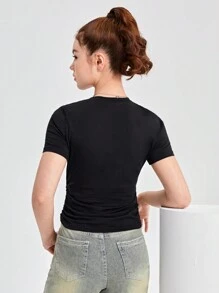 SHEIN Ensemble De T-shirt Deux Pièces Tricoté De Couleur Unie Pour Adolescentes, Avec Patch Lettre Et Motif Froncé