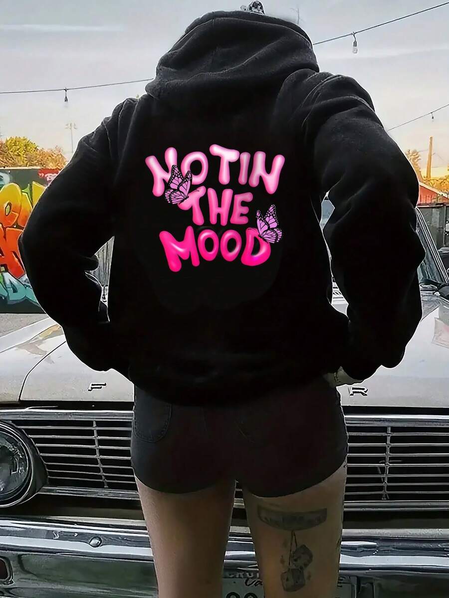 SHEIN EZwear 大码女式字母蝴蝶印花卫衣 - 黑色 - 查看 1