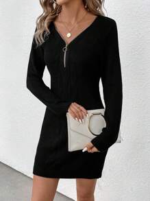 SHEIN LUNE Zip Half Placket Sweater Dress - Black - View 3