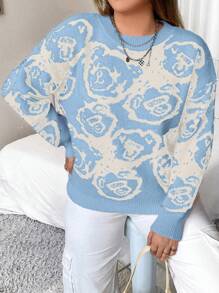Flirla Women's Round Neck Design Blue Cartoon Bear Print Pullover Sweater