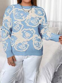 Flirla Women's Round Neck Design Blue Cartoon Bear Print Pullover Sweater