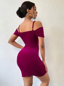 Chiquease Đầm xếp ly ôm vừa vặn màu đỏ tía cho nữ - Màu Đỏ Sâu - Xem 2