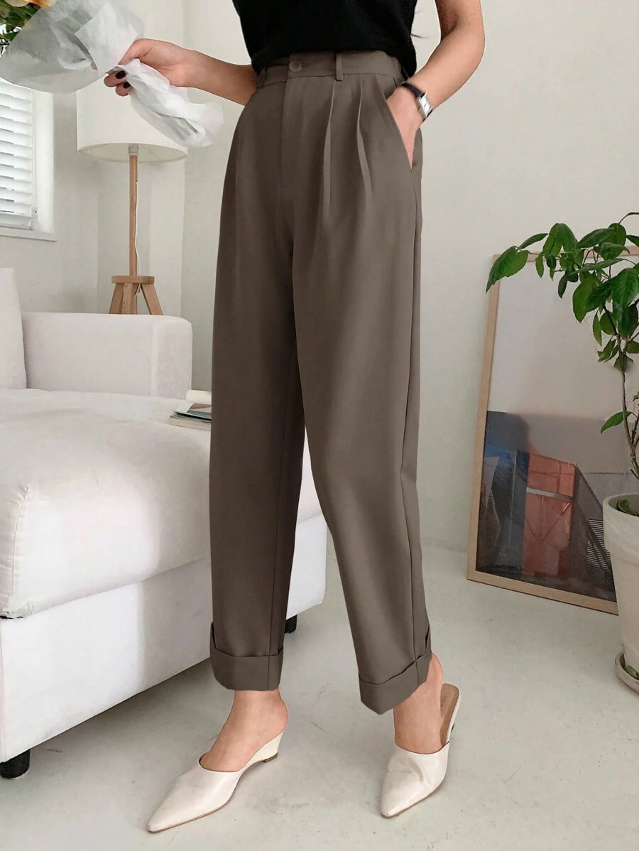 DAZY Business Casual Plain Color Tapered Leg Pants Women Dress Pants - Coffee Brown - View 1