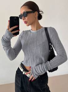 DAZY Women's Gray Round Neck Basic Short Sweater,Fall Clothes - Grey - View 5