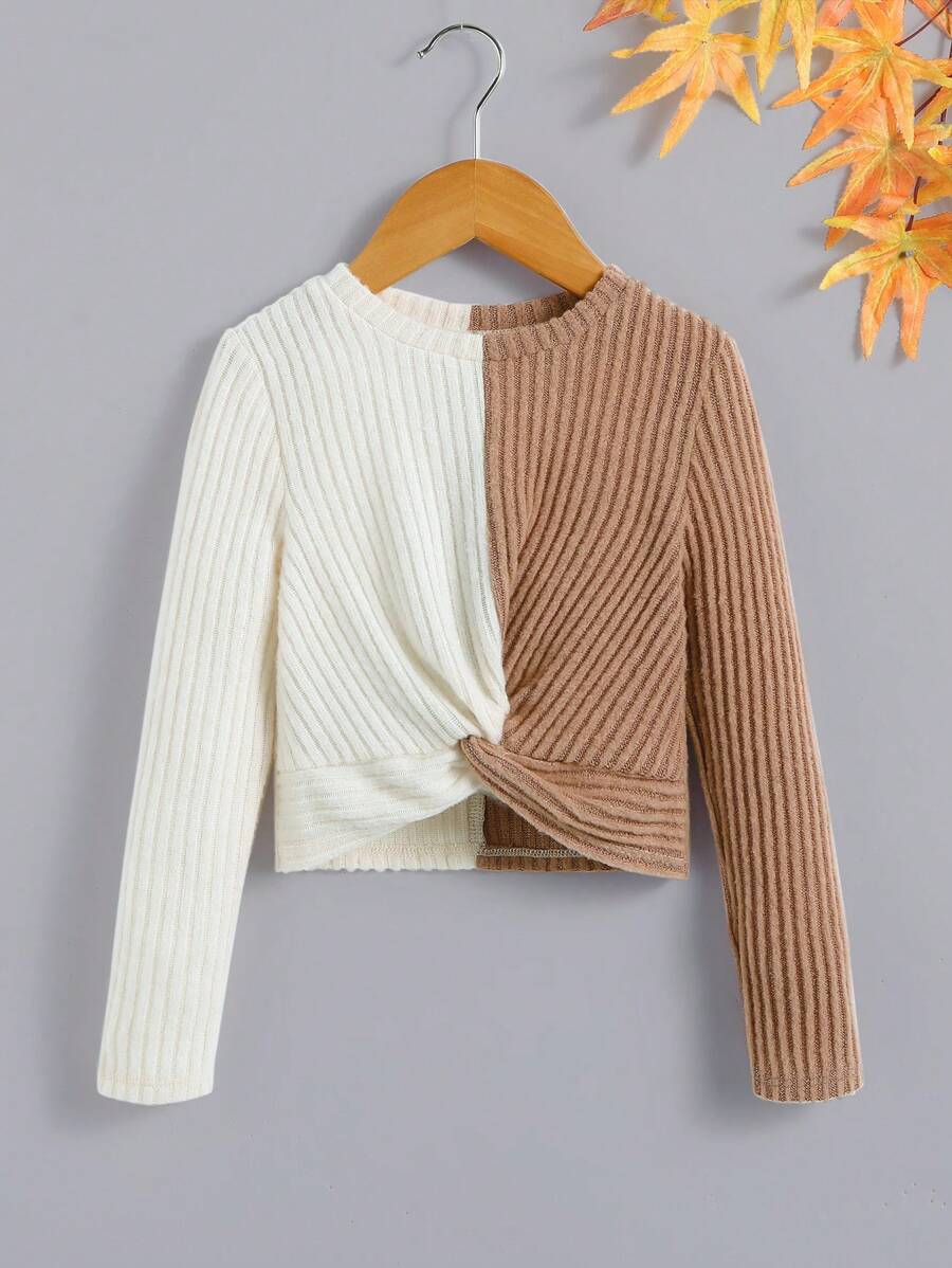 SHEIN Leap Crew Young Girl Street Style Knit Patchwork Long Sleeve Top - Khaki - View 1