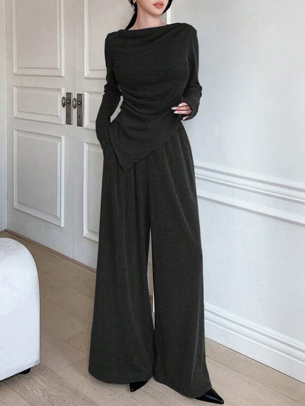 DAZY Women's Fleece Long Sleeve Top And Straight Leg Pants 2 Pieces Casual Set, Autumn/Winter