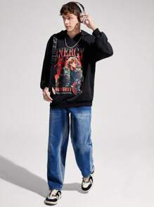 SHEIN Sudadera con capucha de estilo casual y de rock para adolescentes con estampado - Negro - Ver 4