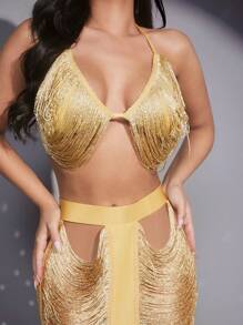 SHEIN SXY Conjunto De Dos Piezas Para Mujer Con Diseño De Flecos En El Top Estilo Halter Y Falda Con Huecos