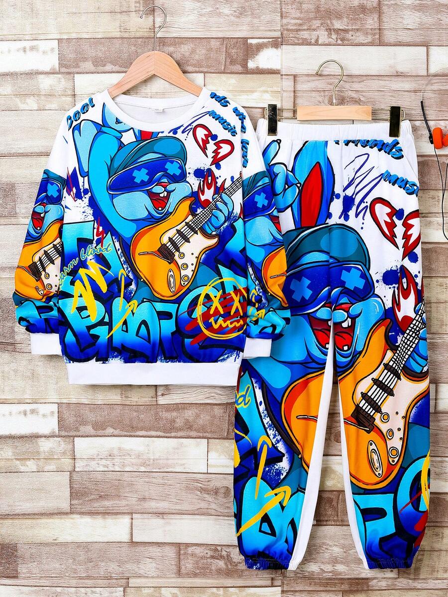 Tween Boy Cartoon Graphic Sweatshirt & Sweatpants - Blue - View 1