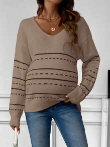 SHEIN Maternity Striped Drop Shoulder Sweater, For Winter - Khaki - View 4
