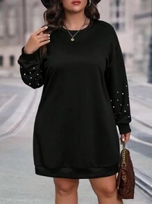 SHEIN LUNE Plus Size Round Neck Pearl Detail Sweatshirt Dress - Black - View 1