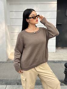 SHEIN EZwear 大碼素色插肩袖套頭毛衣 - 駝色 - 查看 4