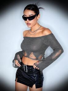 SHEIN ICON 女復古露肩毛衣,磨損底部和破爛細節 - 灰色 - 查看 5