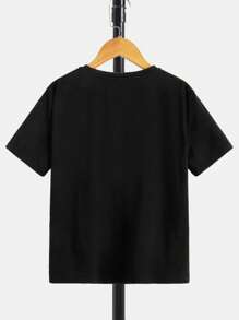 SHEIN 少年男孩鬆身舒適籃球印花短袖針織上衣 - 黑色 - 查看 4