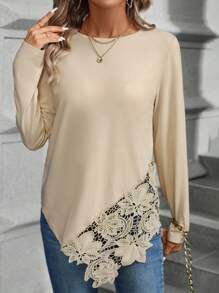 SHEIN LUNE Lace Splicing Asymmetrical Hem T-shirt - Apricot - View 5