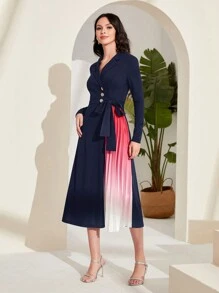 Modelyn Women's Gradient Pleated Belt Dress - Navy Blue - View 4