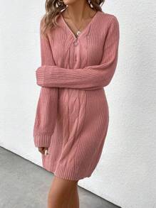 SHEIN LUNE 女款長袖絞花針織毛衣洋裝 - 粉色 - 查看 3