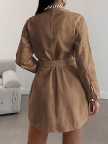 EURMUSE Women's Denim Jacket With Beaded Decorative Belt - Brown - View 4