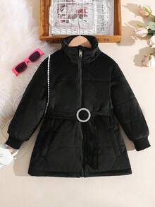 SHEIN Little Girls' Solid Color Zipper Front Belted Jacket - Black - View 3