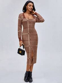 ELPIDA Designer Karomuster Spaltafront figurbetont elegantes Pullover-Kleid Outfit, geeignet für Feiertage, Partys, Geburtstage, Festivals, Hochzeiten, Abschlussbälle - Rot - Übersicht 5