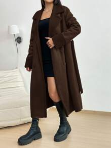 SHEIN EZwear Suede & Plush Composite Fabric Mid-length Women's Coat - Coffee Brown - View 3