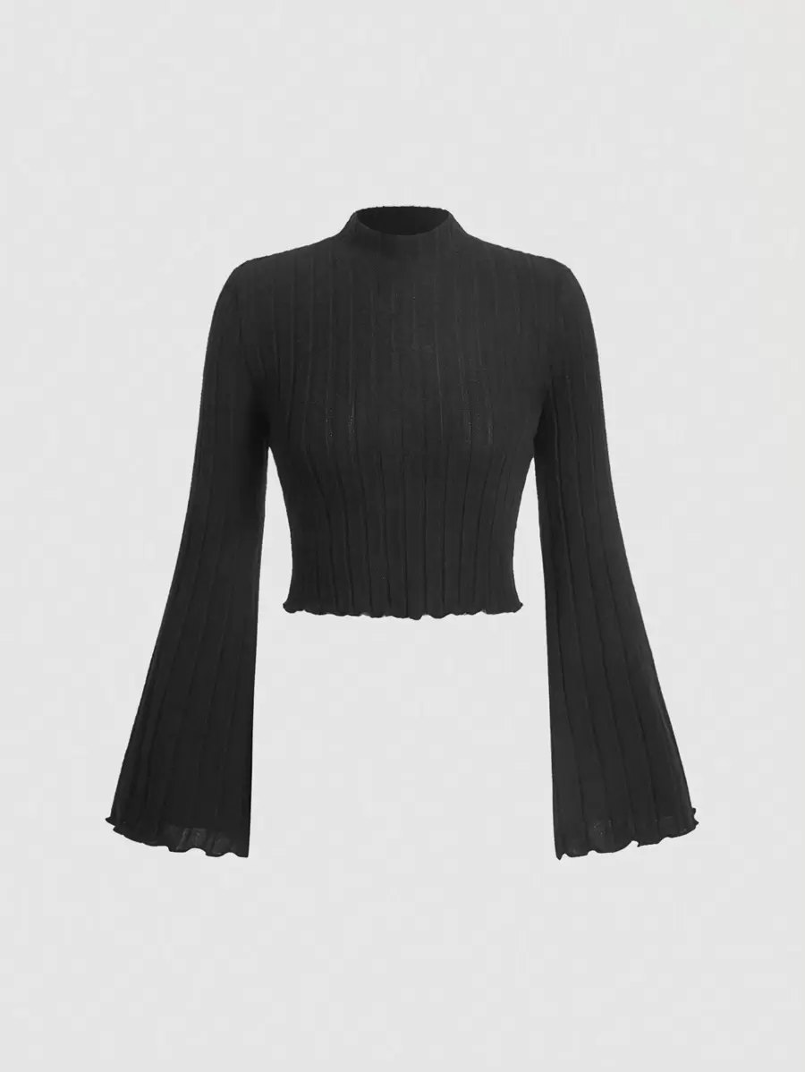 SHEIN MOD Mock Neck Bell Sleeve Ribbed Knit Tee - Black - View 1