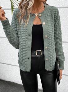 SHEIN Frenchy 女式純色針織開衫,配蕾絲領 - 橄欖綠 - 查看 1