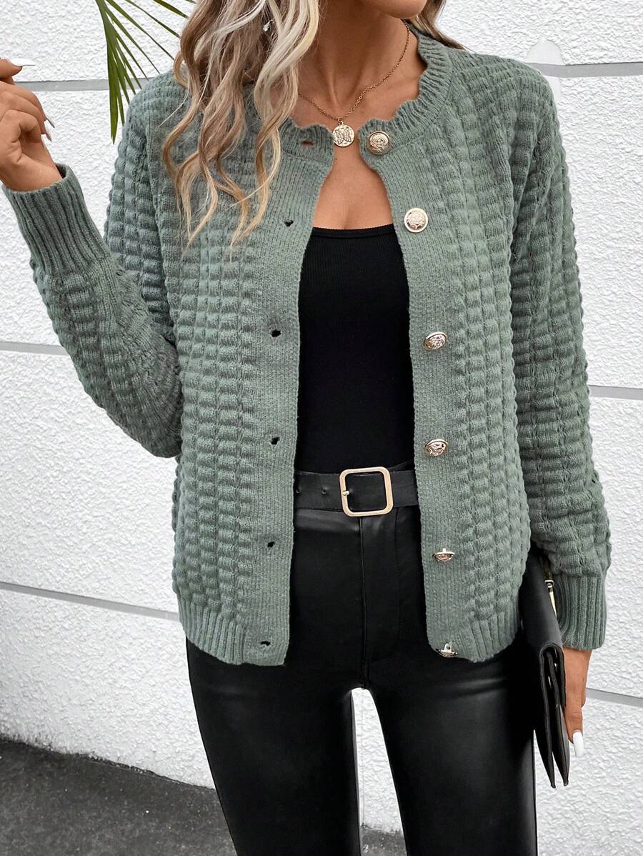 SHEIN Frenchy Của phụ nữ Màu thuần Dệt kim Áo len Mở Với Ren cổ áo - Màu xanh Ô liu - Xem 1