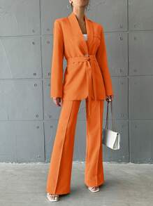 EURMUSE Ladies' Solid Color Suit Belted Jacket And Pants Set - Orange - View 5