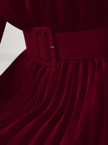 Modelyn 勃艮第红色女士纯色圆领灯笼袖连衣裙配腰带和褶皱，长款超长女士装长款晚礼服 - 酒紅色 - 查看 3