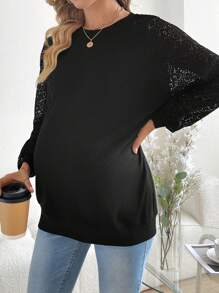SHEIN 孕妇纯色蕾丝拼接灯笼袖运动衫，适合冬季 - 黑色 - 查看 2