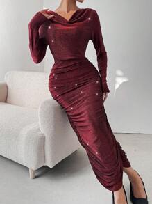 Chiquease cổ áo xếp nếp Xù Long lanh Váy bodycon - Màu Đỏ Sâu - Xem 4