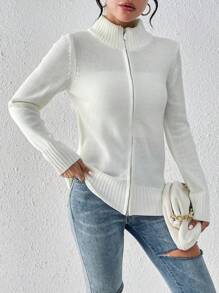 SHEIN Clasi 女款純色拉鍊設計雙口袋開襟衫 - 白色 - 查看 6