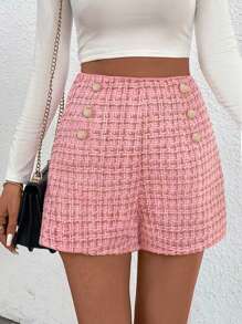 SHEIN Frenchy Kẻ sọc Chi tiết Nút Quần short - Hồng - Xem 4