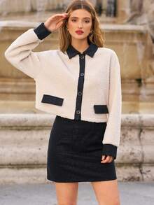 SHEIN Frenchy 拼接邊前紐扣毛絨夾克&半身裙 - 彩色 - 查看 3