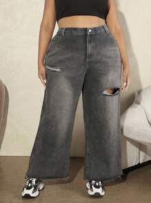 SHEIN CURVE+ Của phụ nữ Kích thước lớn Quần jean ống rộng rách - Xám - Xem 4