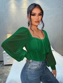 SHEIN SXY 女式愛心領襯衫，襯衫配荷葉袖，綁帶設計 - 綠色 - 查看 5