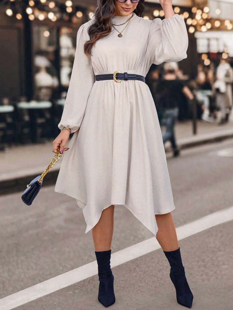 Plus Mock Neck Lantern Sleeve Hanky Hem Dress Without Belt Fall Cloth For Women