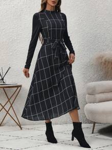 SHEIN Clasi 方格印花腰帶無袖連身裙,不含內搭t恤 - 彩色 - 查看 6