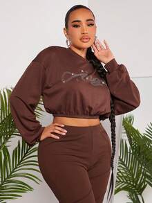 SHEIN SXY 性感服飾俱樂部鑲鑽短款女士運動衫,帶有字母細節 - 棕色 - 查看 7