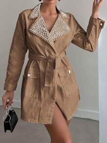 EURMUSE Women's Denim Jacket With Beaded Decorative Belt - Brown - View 6