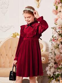 SHEIN 青少女學院風蝴蝶結及荷葉邊長袖裙 - 酒紅色 - 查看 6