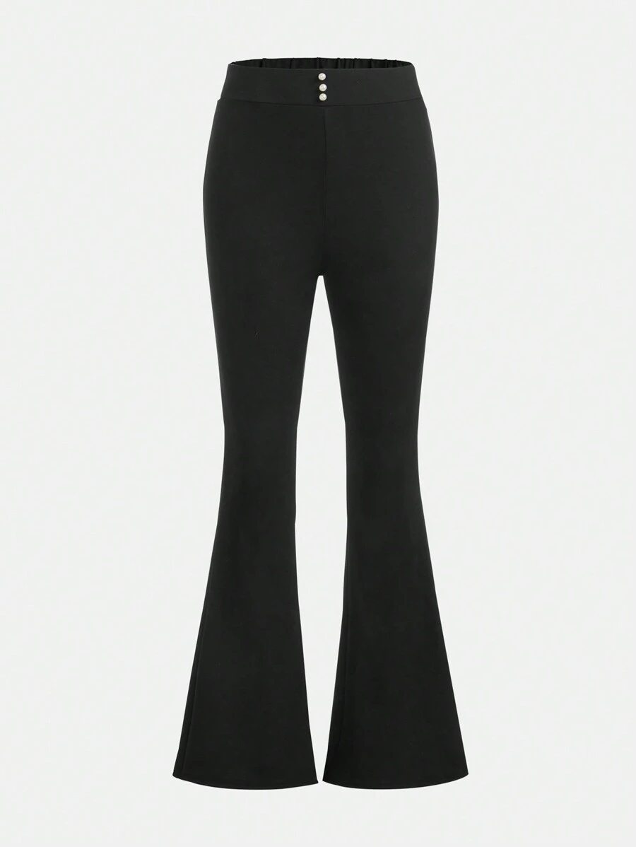 SHEIN 少女针织纯色仿珍珠纽扣装饰休闲喇叭裤 - 黑色 - 查看 1